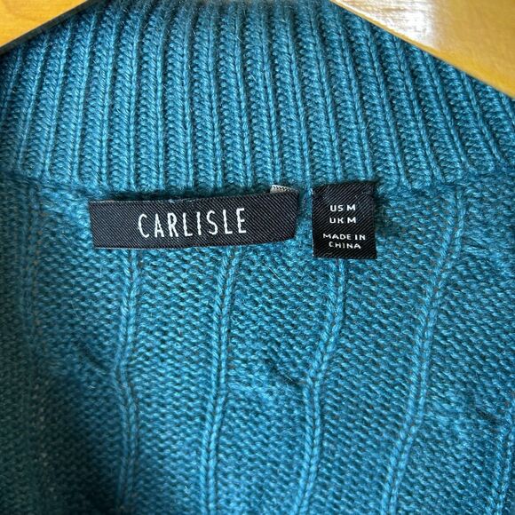 Carlisle Teal Green Silk Cashmere Cable Knit Collared V-Neck Sweater Size M - Picture 5 of 11
